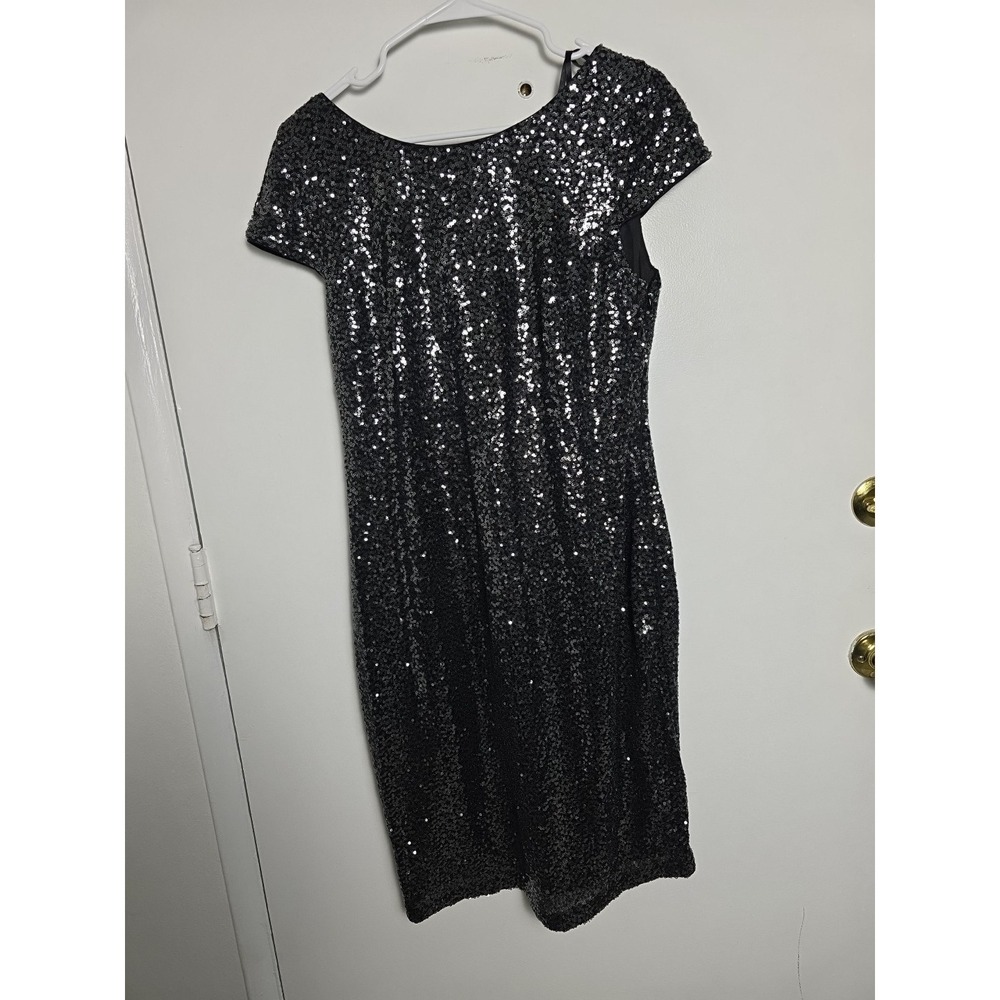 Calvin Klein Dress Womens Sz 14 Full Sequin Party Event Silver Blac Drapped Back